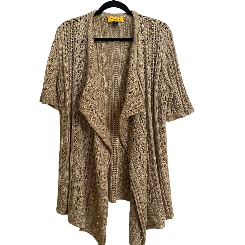 St. John Collection Knit‎ Cardigan Short Sleeve Open Front Beige Small